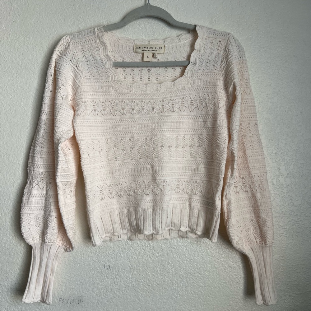 Saltwater luxe cream open knit blouse with a scoop neck and long sleeves